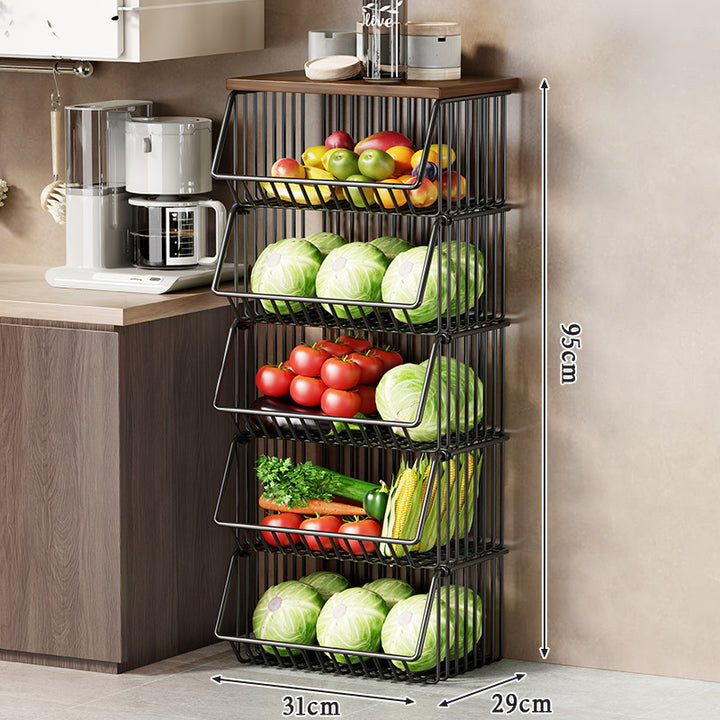 Multi-Tier Rolling Kitchen Pantry Cart with Wood Top and Deep Wire Storage Baskets