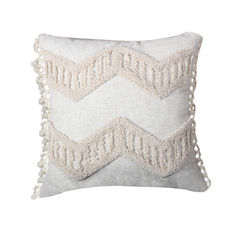 Decorative Boho Textured Lumbar Throw Pillow with Zigzag Tufted Crochet and Knotted Fringe