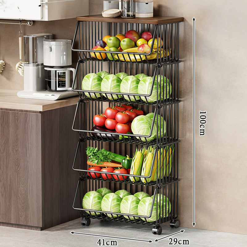 Multi-Tier Rolling Kitchen Pantry Cart with Wood Top and Deep Wire Storage Baskets