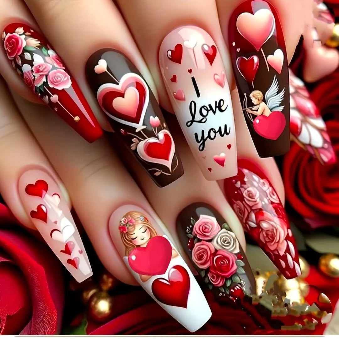 Artificial nails with loving heart and rose designs Kalsten