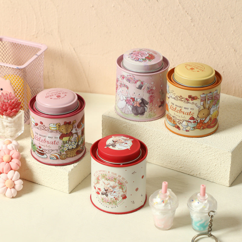 Decorative Tin Storage Canister with Illustrated Wedding Bunny Couple