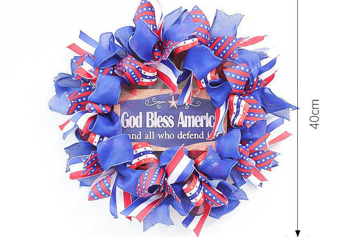 Unisex nan patriotic Americana fabric and wood door wreath with ribbon bows Kalsten