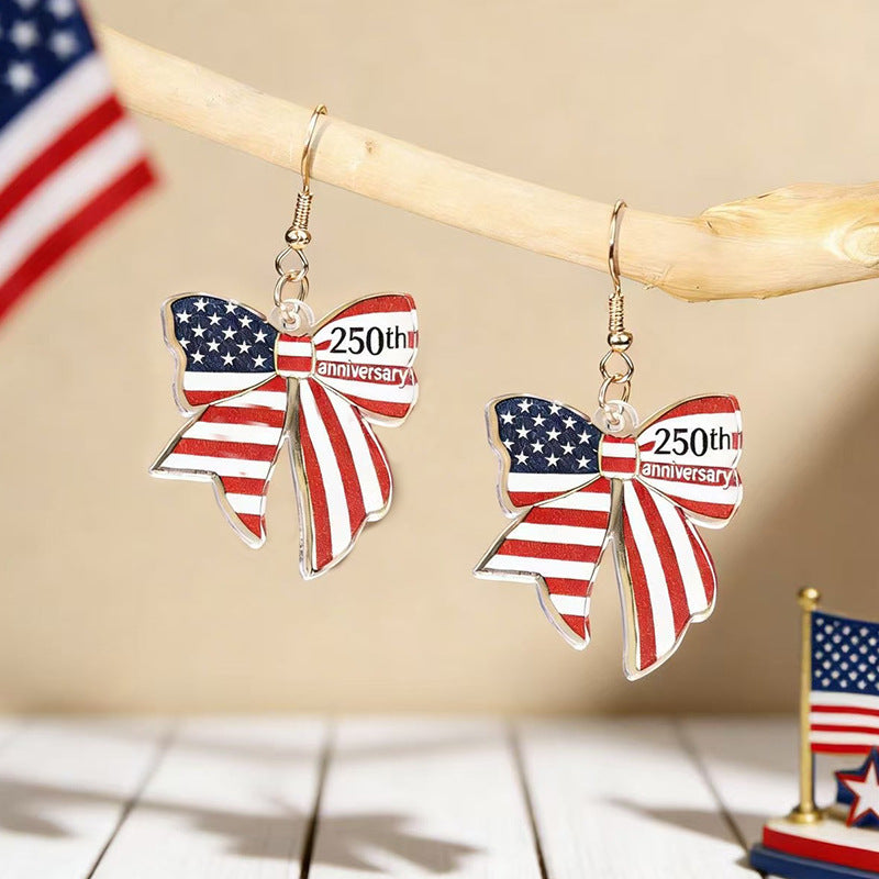 Women's nan patriotic bow dangle acrylic earrings with gold plated hooks and lightweight charm Kalsten