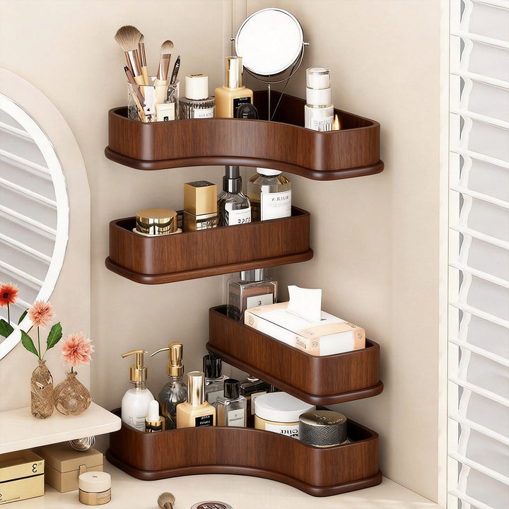 Curved Corner Triple-Tier Metal Mesh Vanity and Countertop Organizer