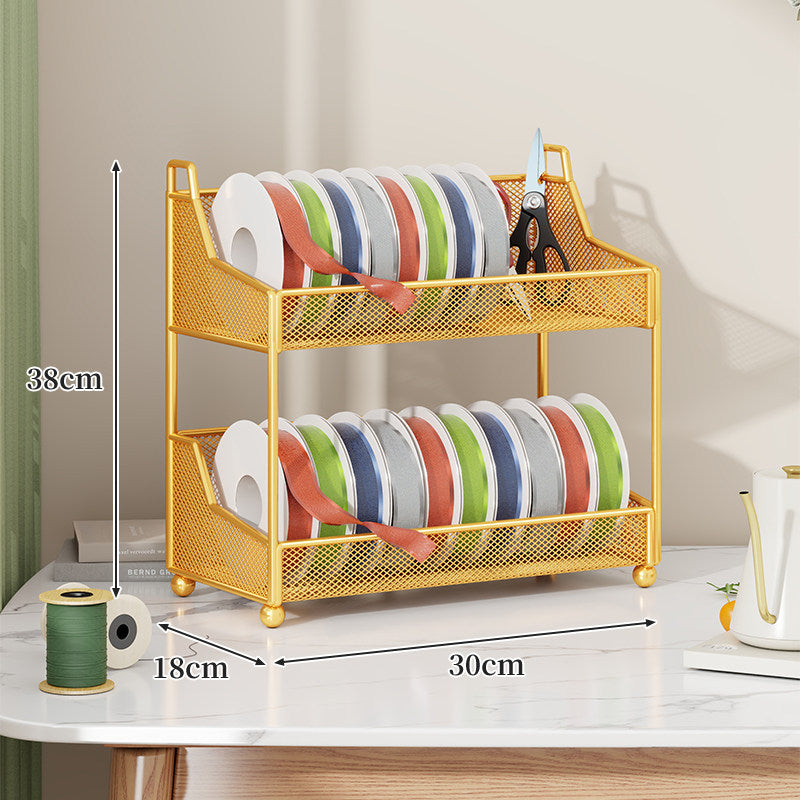 Metal Mesh Ribbon and Tape Spool Organizer with Integrated Scissor Slot