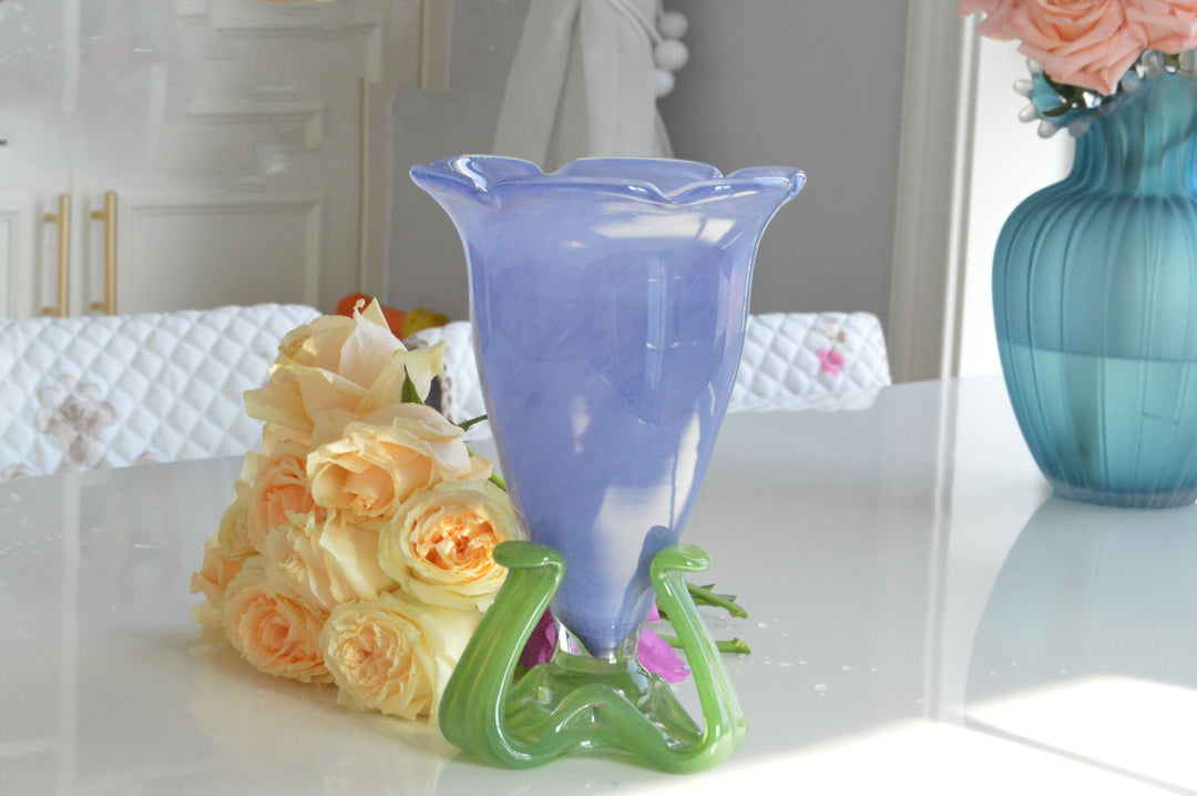 Handblown Fluted Pedestal Art Glass Trumpet Vase Kalsten