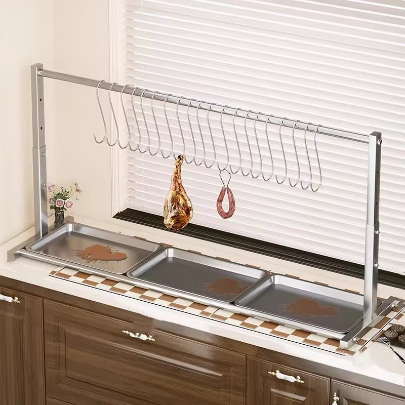 Adjustable Stainless Steel Indoor Meat and Sausage Drying Rack with Removable Drip Tray and Hanging Hooks