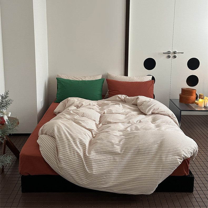 Striped cotton-linen bedding set with breathable, softly washed surface and zipper