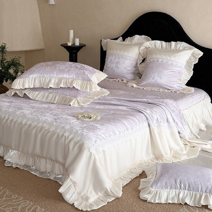 Elegant bedroom set: Jacquard satin bedspread with decorative ruffle and lace trim