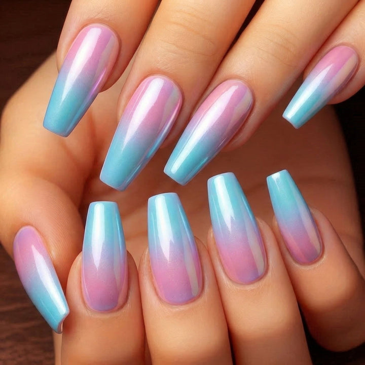 Artificial nails in modern glitter gradient design Kalsten