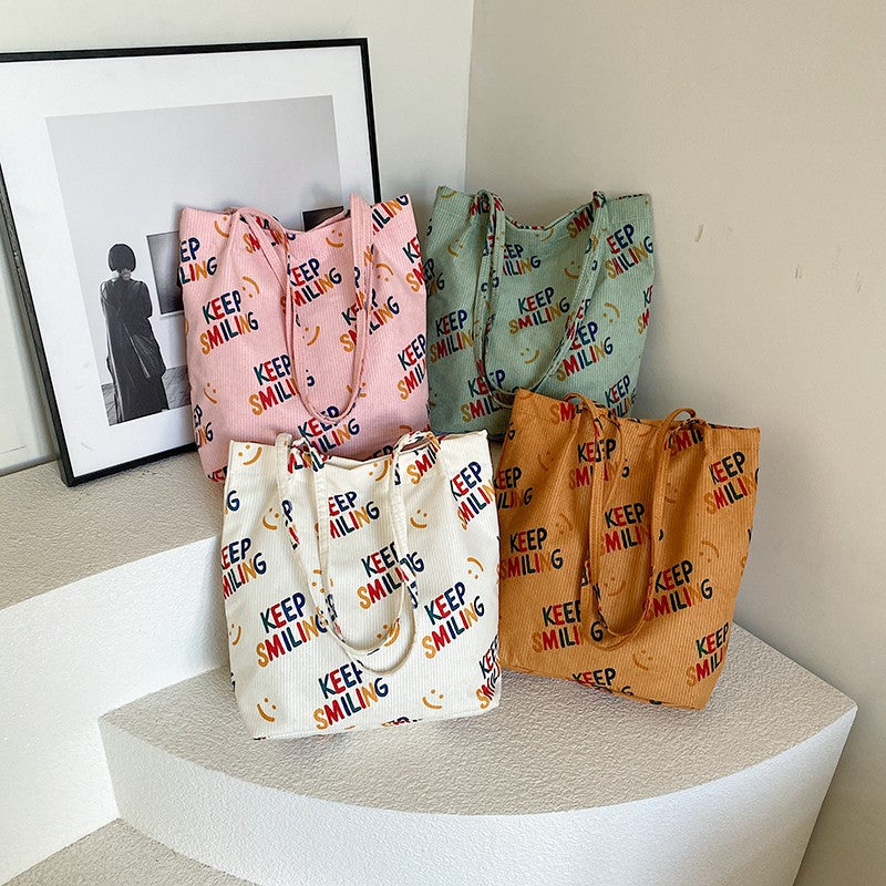 Smiley Face Patterned Canvas Tote Bag