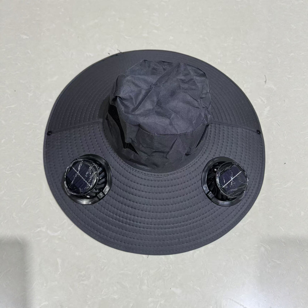 Ventilated sun hat with integrated battery fans, breathable mesh inserts, and adjustable chin strap Kalsten