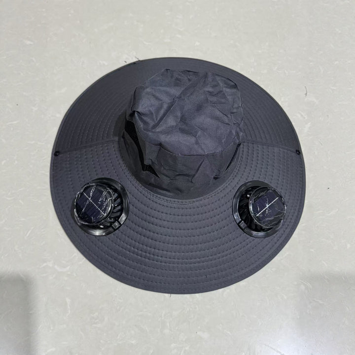 Ventilated sun hat with integrated battery fans, breathable mesh inserts, and adjustable chin strap Kalsten