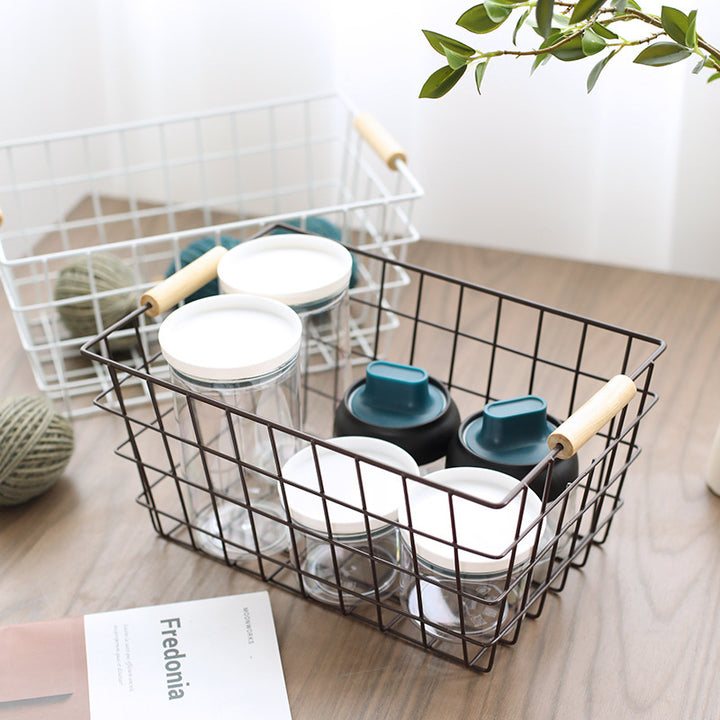 Unisex Wire Storage Basket with Ergonomic Wooden Handles Kalsten