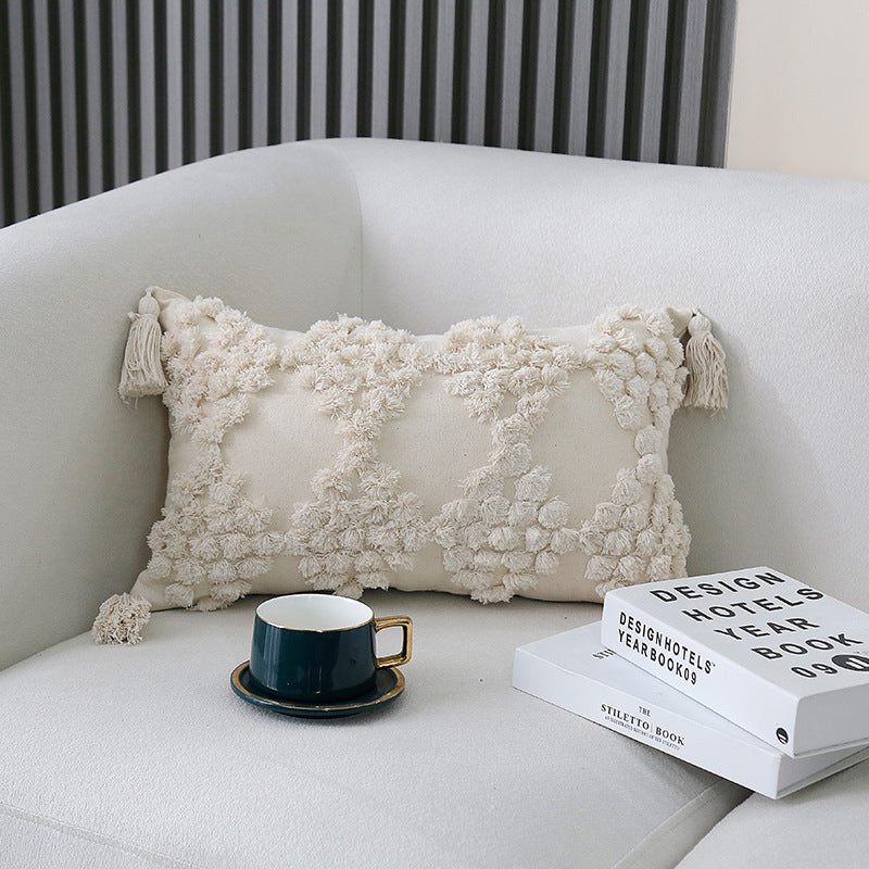 Bohemian Tufted Cotton Lumbar Throw Pillow with Clustered Fringe Texture and Corner Tassels