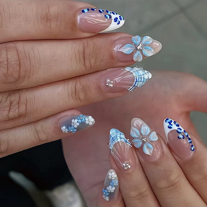 Artificial nail set with exquisite blue flower and glitter embellishments Kalsten