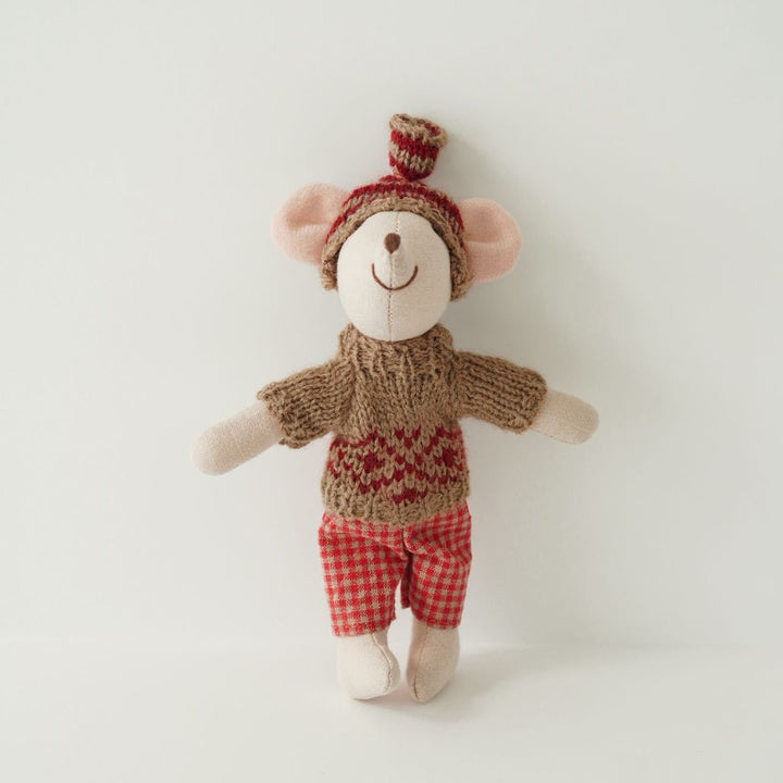 Handcrafted Mouse Plush Doll with Knitted Heart Sweater Pom-Pom Beanie and Gingham Trousers
