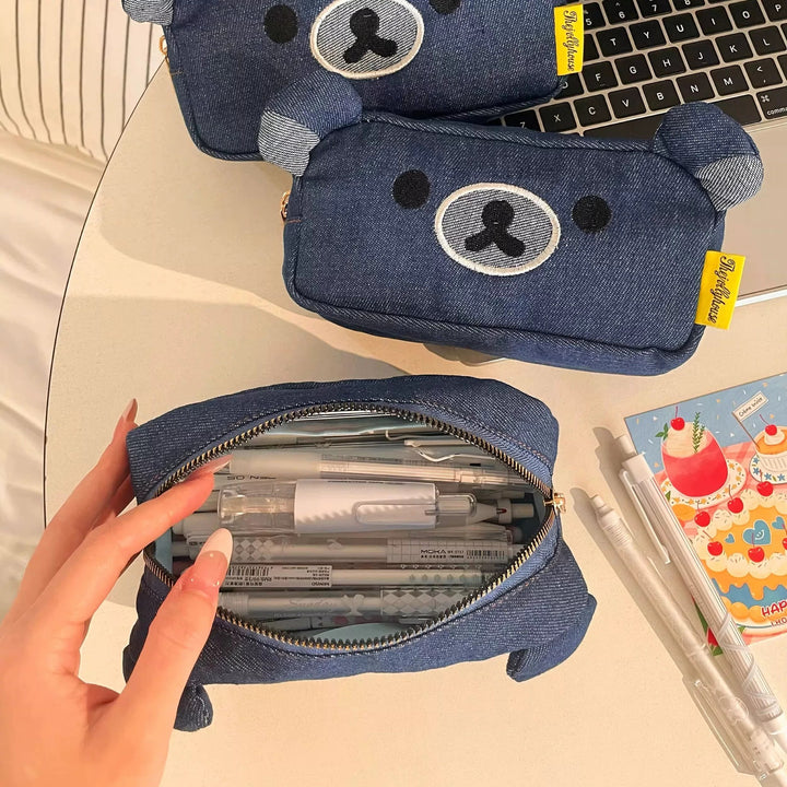 Cute Bear-Shaped Denim Pencil Case