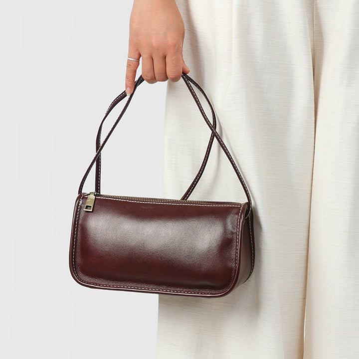 Structured Leather Baguette Shoulder Bag with Top Zip and Double Strap