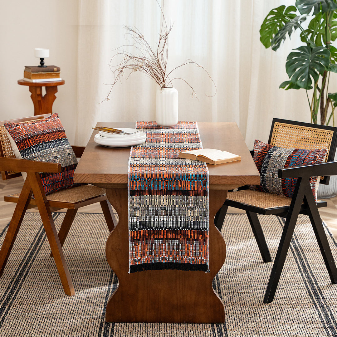 Handwoven table runner made of robust cotton blend with fringes