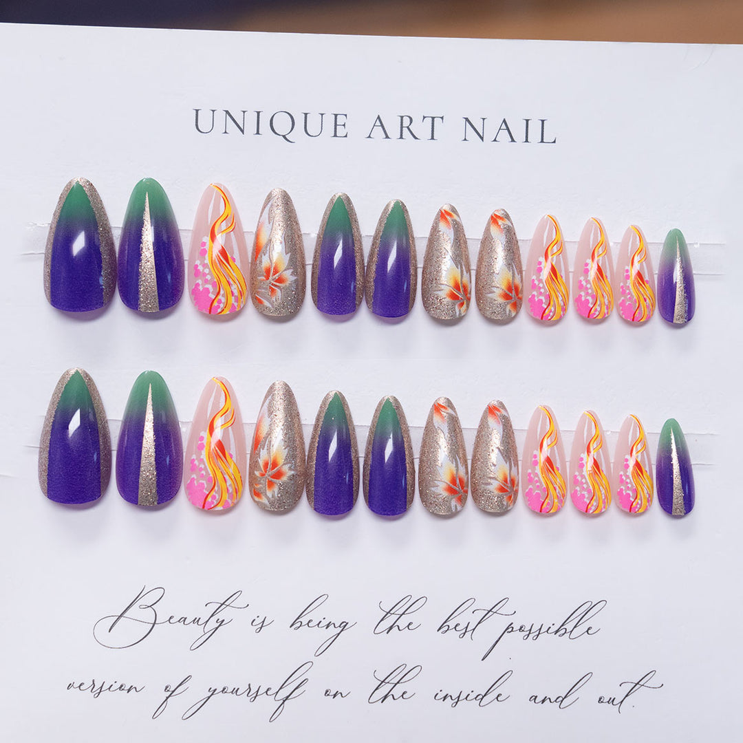 Artistic Stiletto Press-On Nail Art with Floral Accents