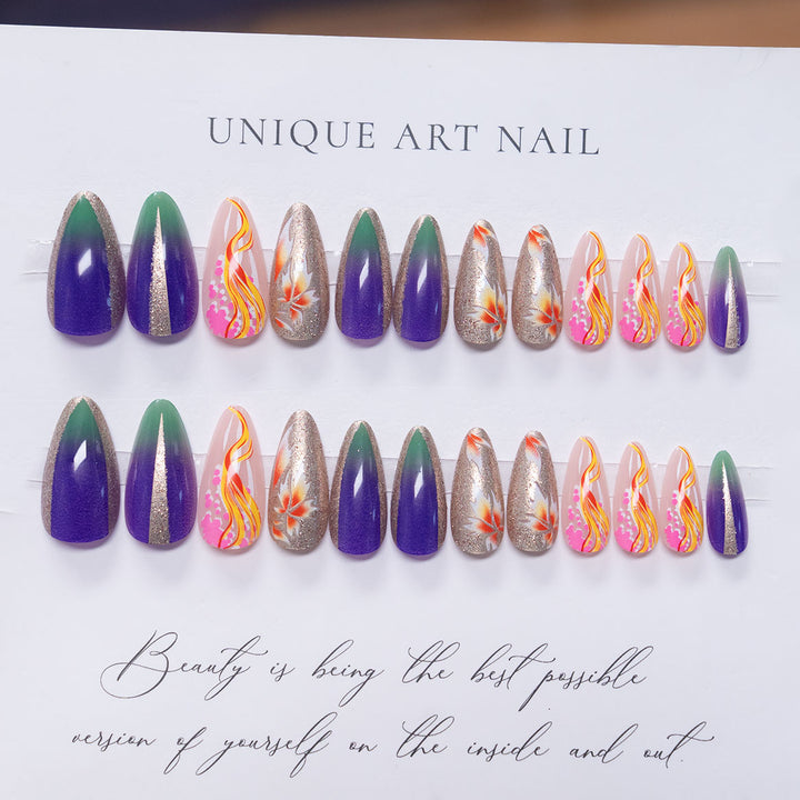 Artistic Stiletto Press-On Nail Art with Floral Accents