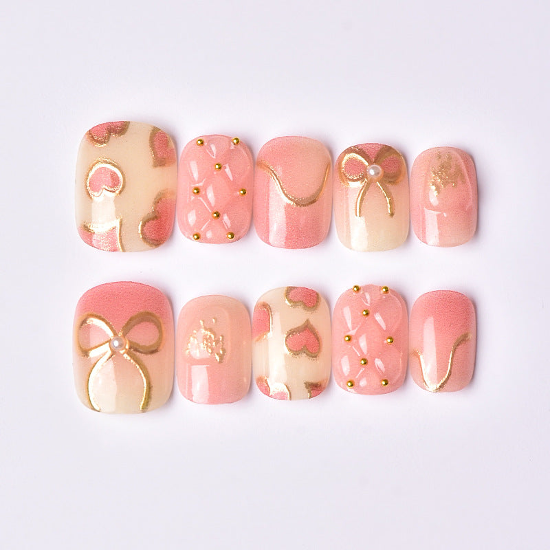 Elegant Heart and Ribbon-Themed Press-On Nail Set Kalsten