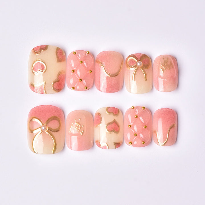 Elegant Heart and Ribbon-Themed Press-On Nail Set Kalsten
