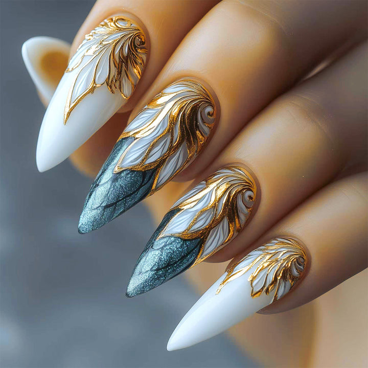 Decorative Long Stiletto Nail Art Extensions with Gold Leaf Design Kalsten