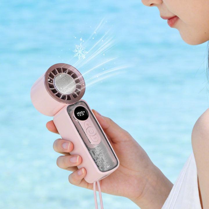 Cooling bladeless micro-turbine handheld fan with OLED battery display and fold-out stand Kalsten