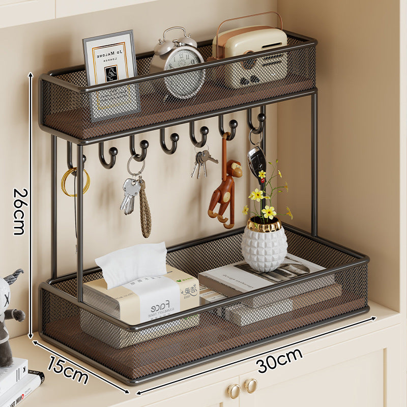 Double-Tier Metal Mesh Entryway Organizer Shelf with Key Hooks and Removable Baskets