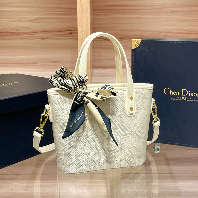 Elegant Handheld Tote Bag with Decorative Scarf