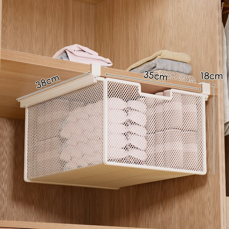 Under-Shelf Pull-Out Metal Mesh Closet Basket Organizer with Clamp Rail