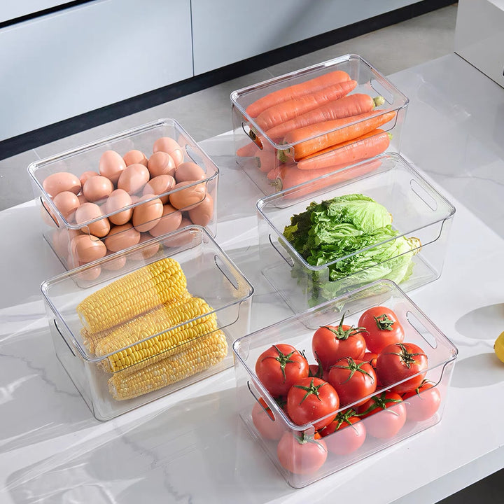 Transparent stackable storage compartment made of shatterproof acrylic with grip cutouts