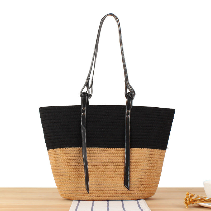 Elegant Beach Bag Made of Woven Natural Material with Stylish Leather Accents Kalsten