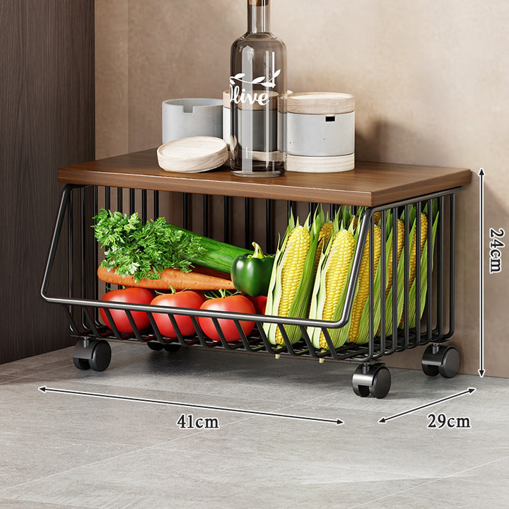 Vertical Five-Tier Rolling Kitchen Produce Storage Cart with Wooden Top and Pull-Out Wire Baskets