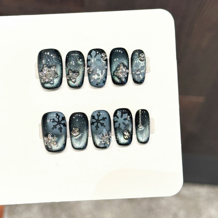 Artistic Press-On Nail Art Set with Gem Accents