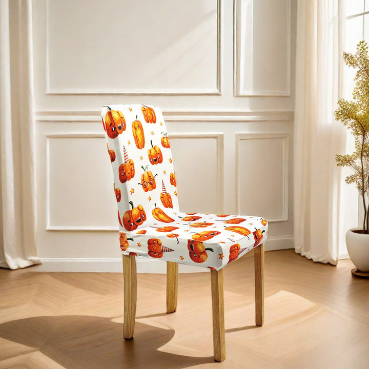 Elastic chair cover for high backs with Halloween pumpkin and witch hat print