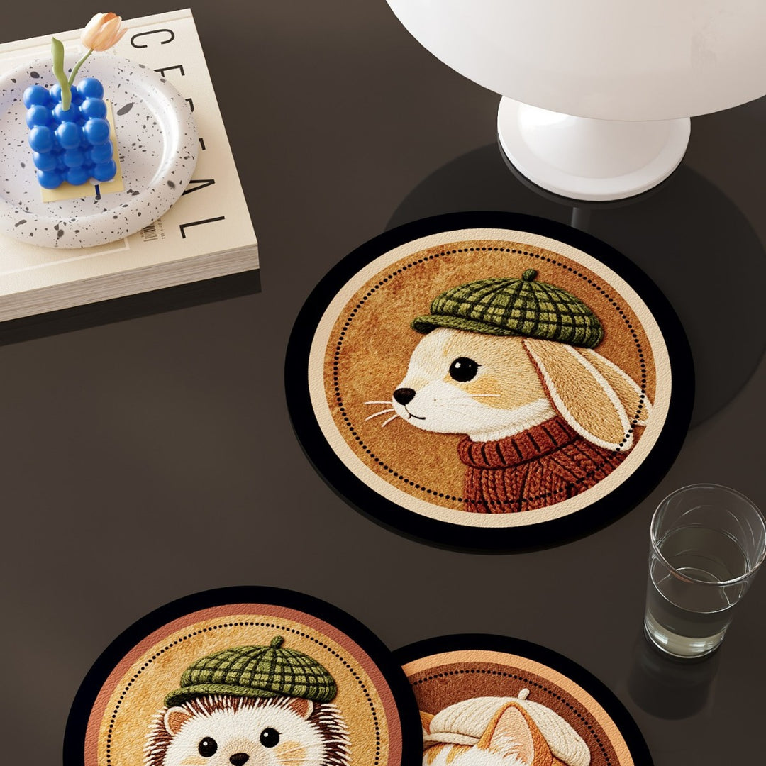 Round Embroidered Faux-Leather Drink Coaster Set with Non-Slip Backing