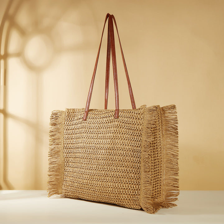 Large Woven Beach Bag with Fringes and Leather Handles Kalsten