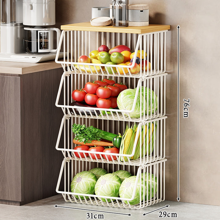 Slim Vertical Rolling Wire Produce and Pantry Organizer Cart with Wood Top