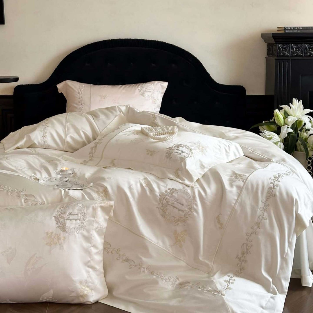 Luxurious cotton satin bedding set with embroidered medallion motif