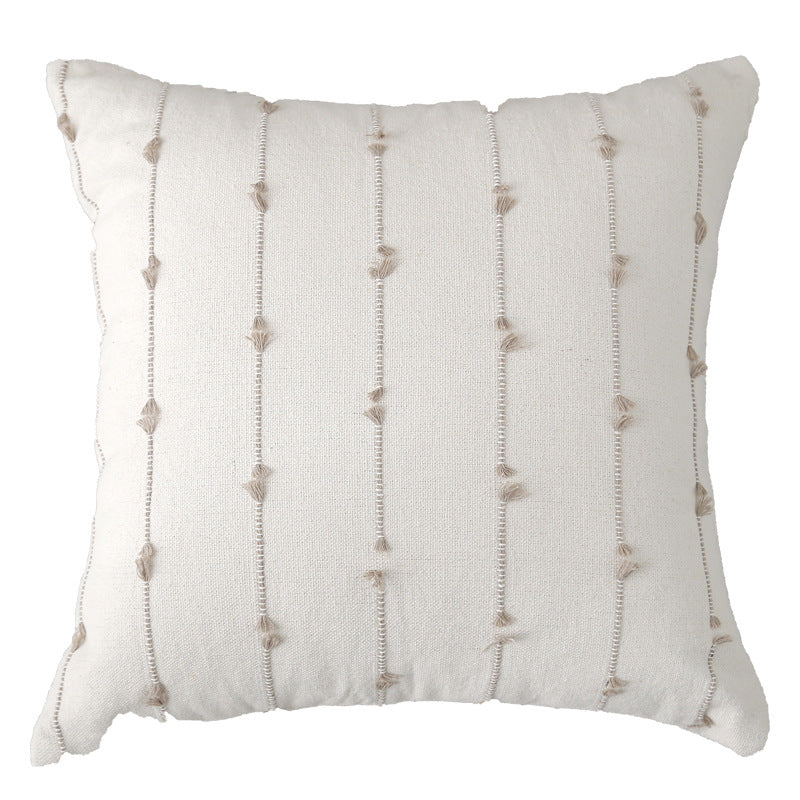 Decorative Square Cotton Throw Pillow with Vertical Knotted Tassel Stripes and Removable Insert