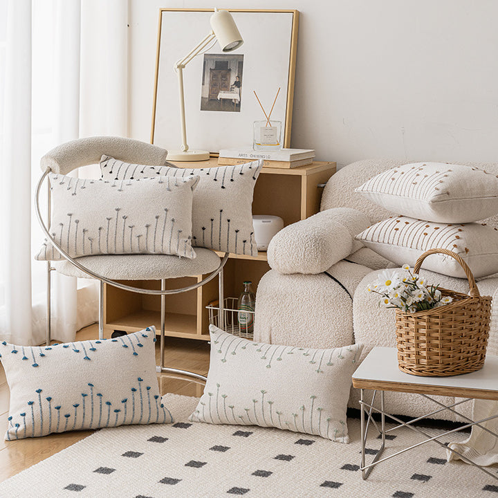 Handwoven Cotton Square Throw Pillow Cover with Tufted Linear Embroidery and Hidden Zipper