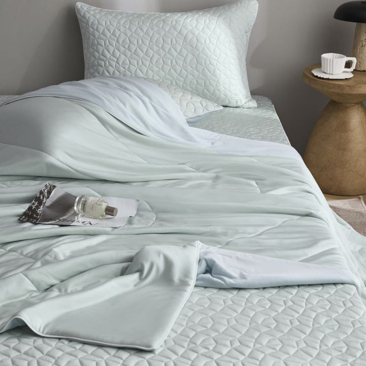 Quilted bedding set with reversible satin blanket and mattress protector