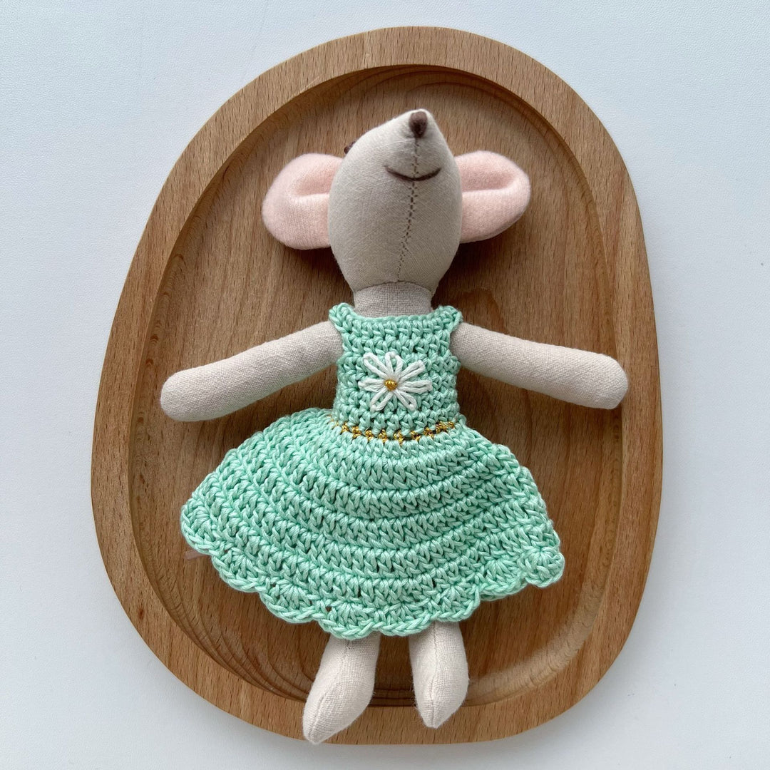 Handcrafted Linen Plush Mouse Doll with Crocheted Dress and Embroidered Details