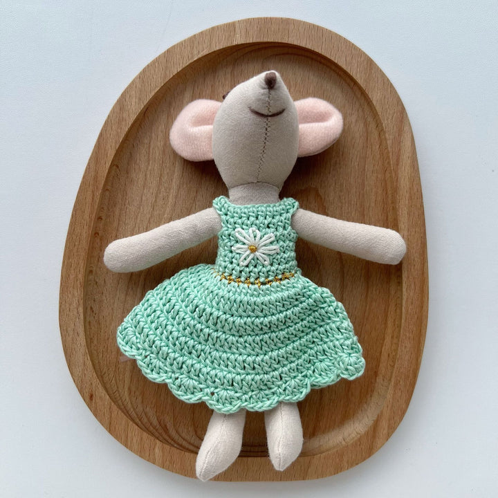 Handcrafted Linen Plush Mouse Doll with Crocheted Dress and Embroidered Details