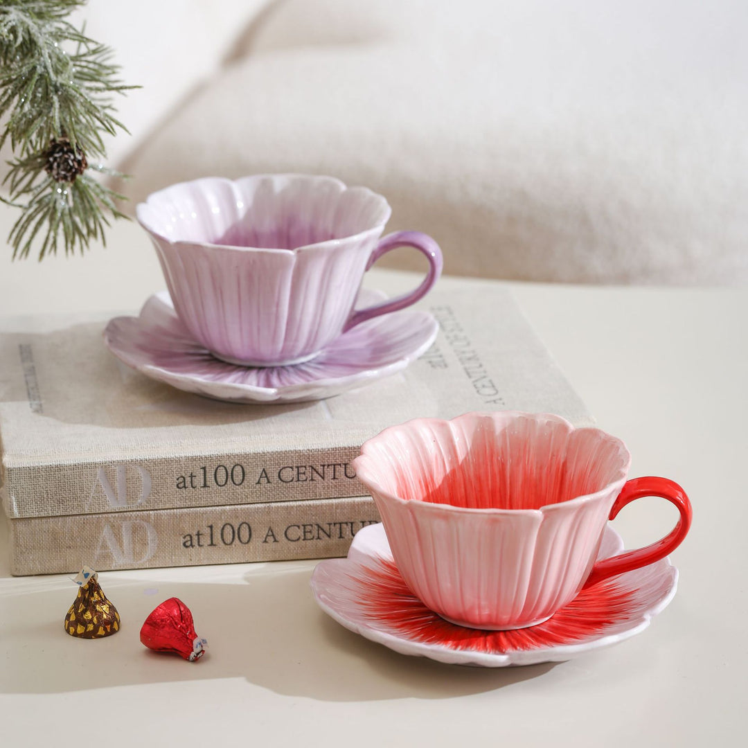 Ceramic mug with saucer in flower shape