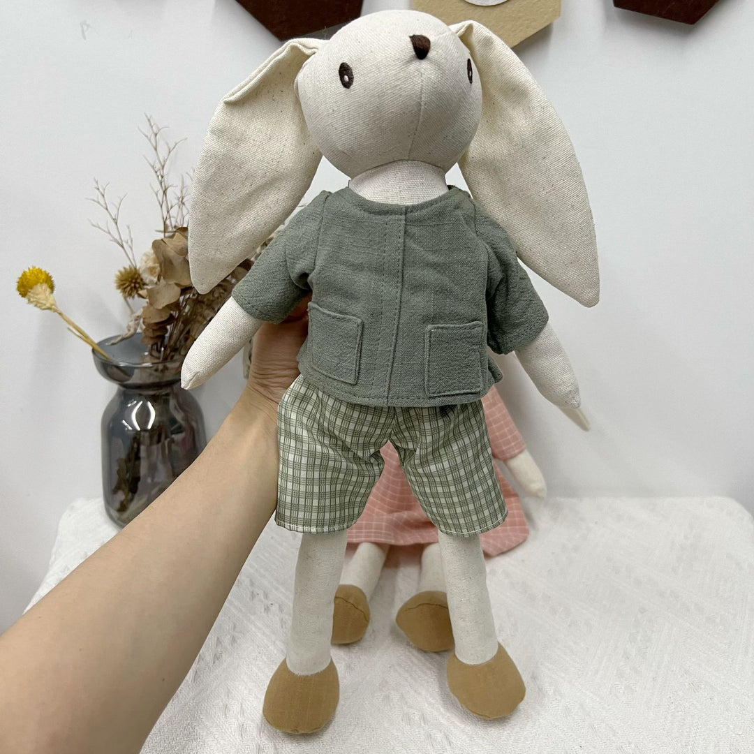 Handmade Linen Long-Limbed Bunny Doll with Embroidered Carrot Overalls