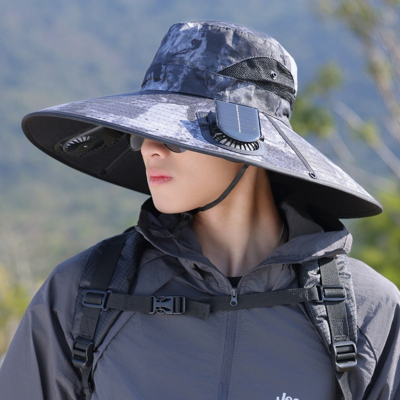 Wide-brimmed outdoor sun hat with solar-powered micro fan, breathable mesh and adjustable chin strap Kalsten